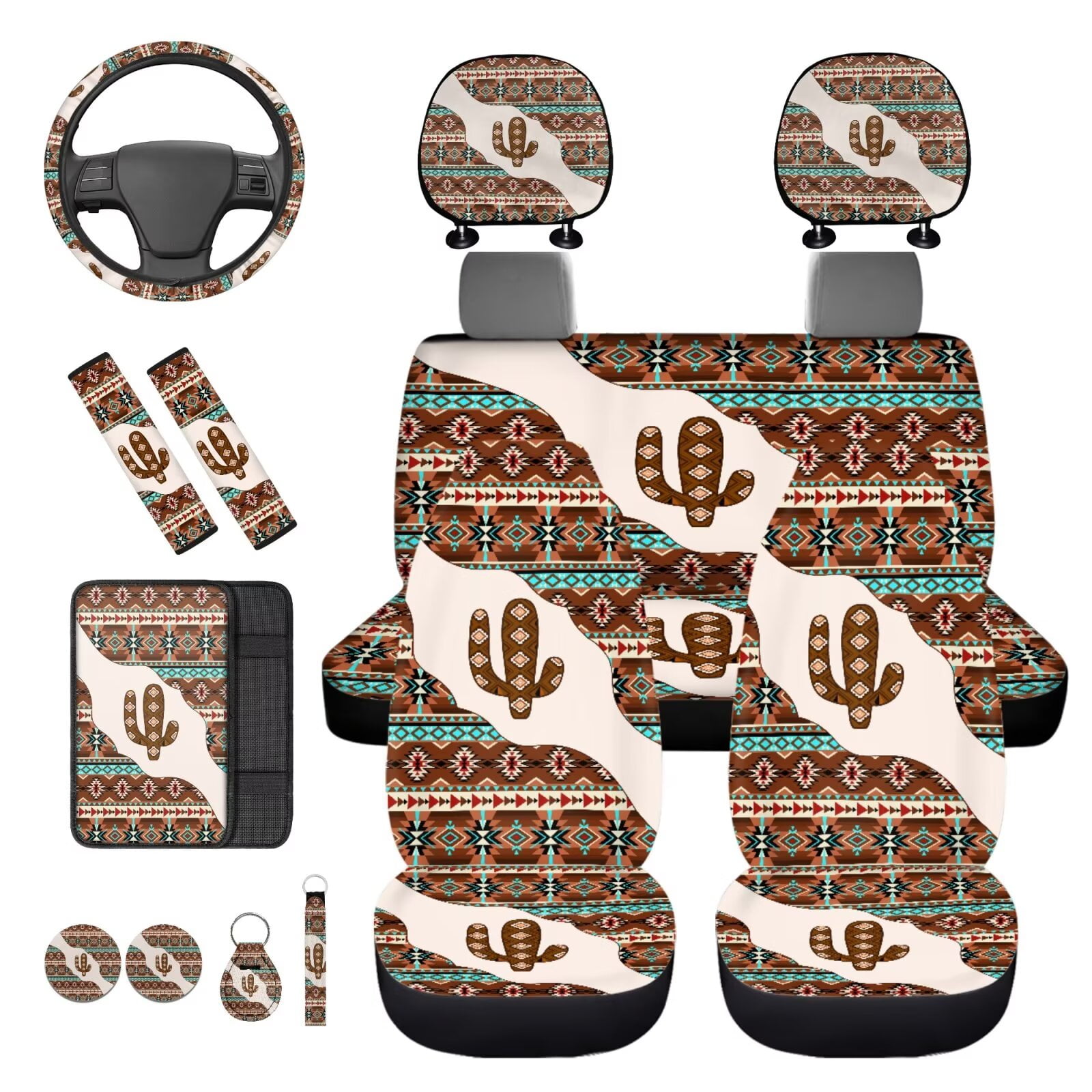 HUIACONG Aztec Cactus Print Car Seat Covers Full Set Western Car Accessories Seat Covers Front and Back with Armrest Cover Steering Wheel Cover Seat Belt Pads Headrest Cover Coasters Keychain,14 Pcs