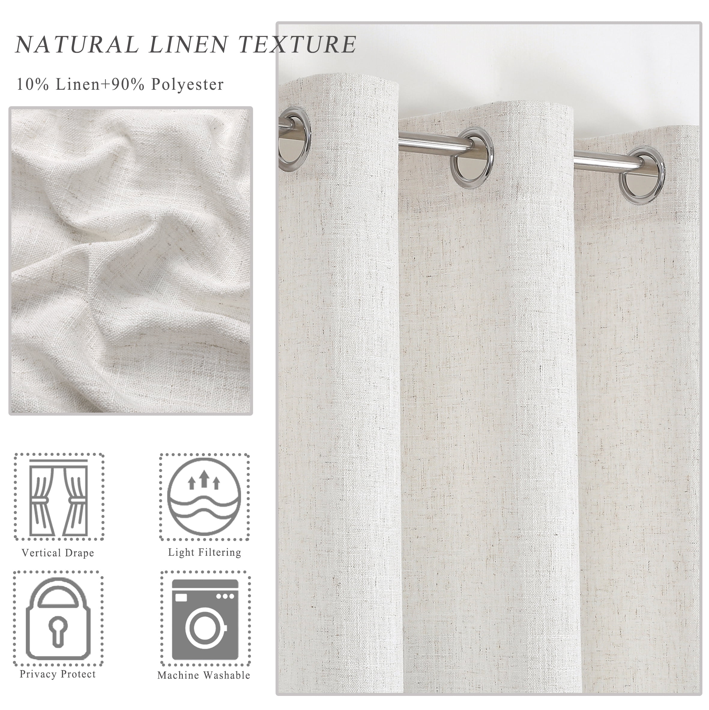 AZZCIA White Linen Light Filtering Grommet Curtain Panels for Bedroom, 2 Panels, 54"W x 84"L