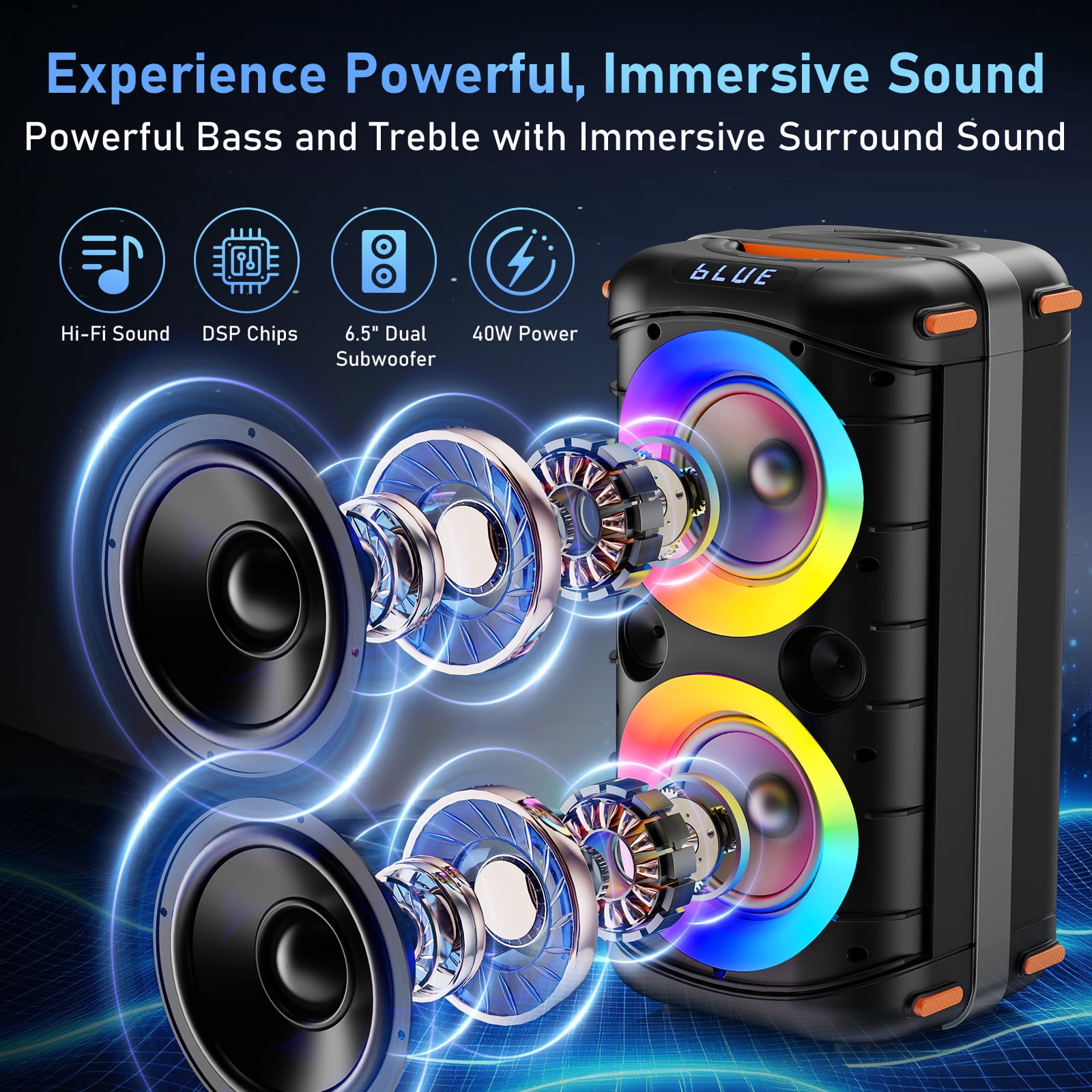JYX Bluetooth Speaker, Dual 6.5'' Subwoofer Portable Party Speaker System for Outdoor, Deep Bass Party Box with Led Lights, T27-T