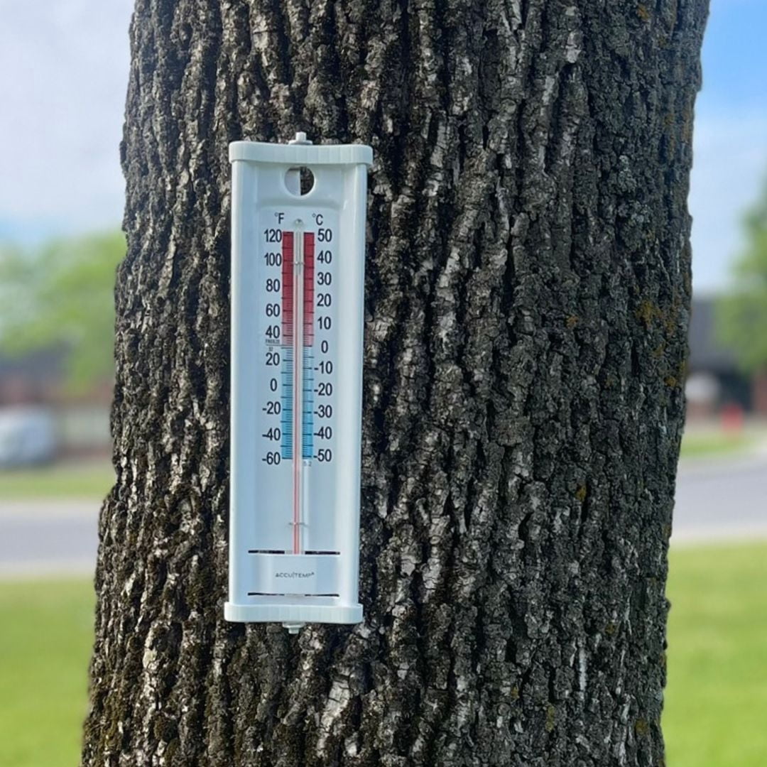 Accutemp Indoor or Outdoor Thermometer, Bracket Included, Temperature Readings in Celsius  °C and Fahrenheit and °F, White