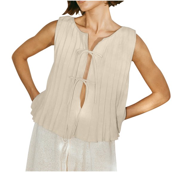 RYDCOT Women Bow Tie Front Tank Top Pleated Peplum Blouse Y2k Babydoll Ruffle Shirt Sleeveless Tops Summer Beach Vacation Outfits Beige