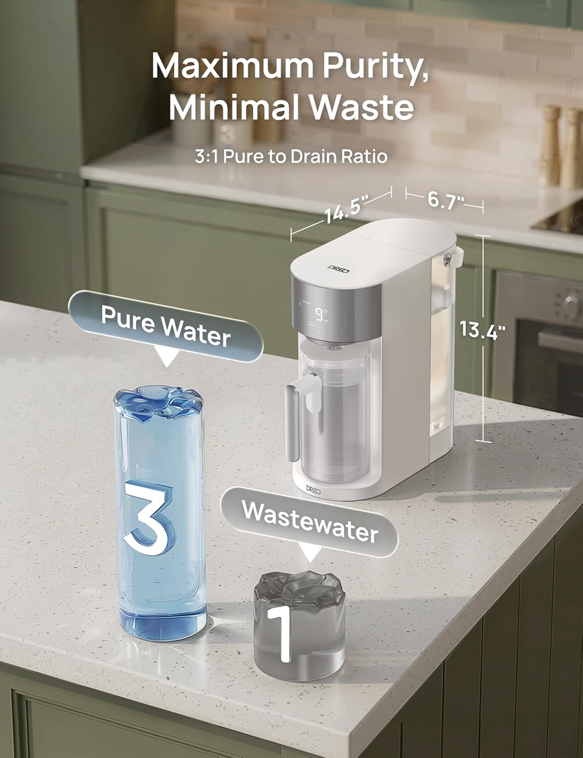 DREO Countertop Reverse Osmosis Water Filter System, 7-in-1 RO Filtration System, 3:1 Pure to Drain, TDS & Filter Life & Autofill Pitcher, Installation-Free, Self-Cleaning Water Purifier,3L, White
