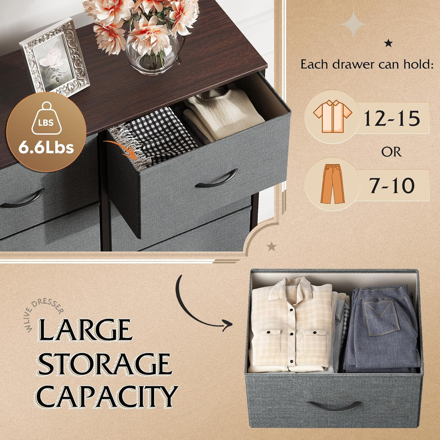 ACCVER 10-Drawer Fabric Dresser with Wood Top & Metal Frame, Closet and Chest for Bedroom, Clothes Storage Organizer, for Living Room, Apartment,Grey