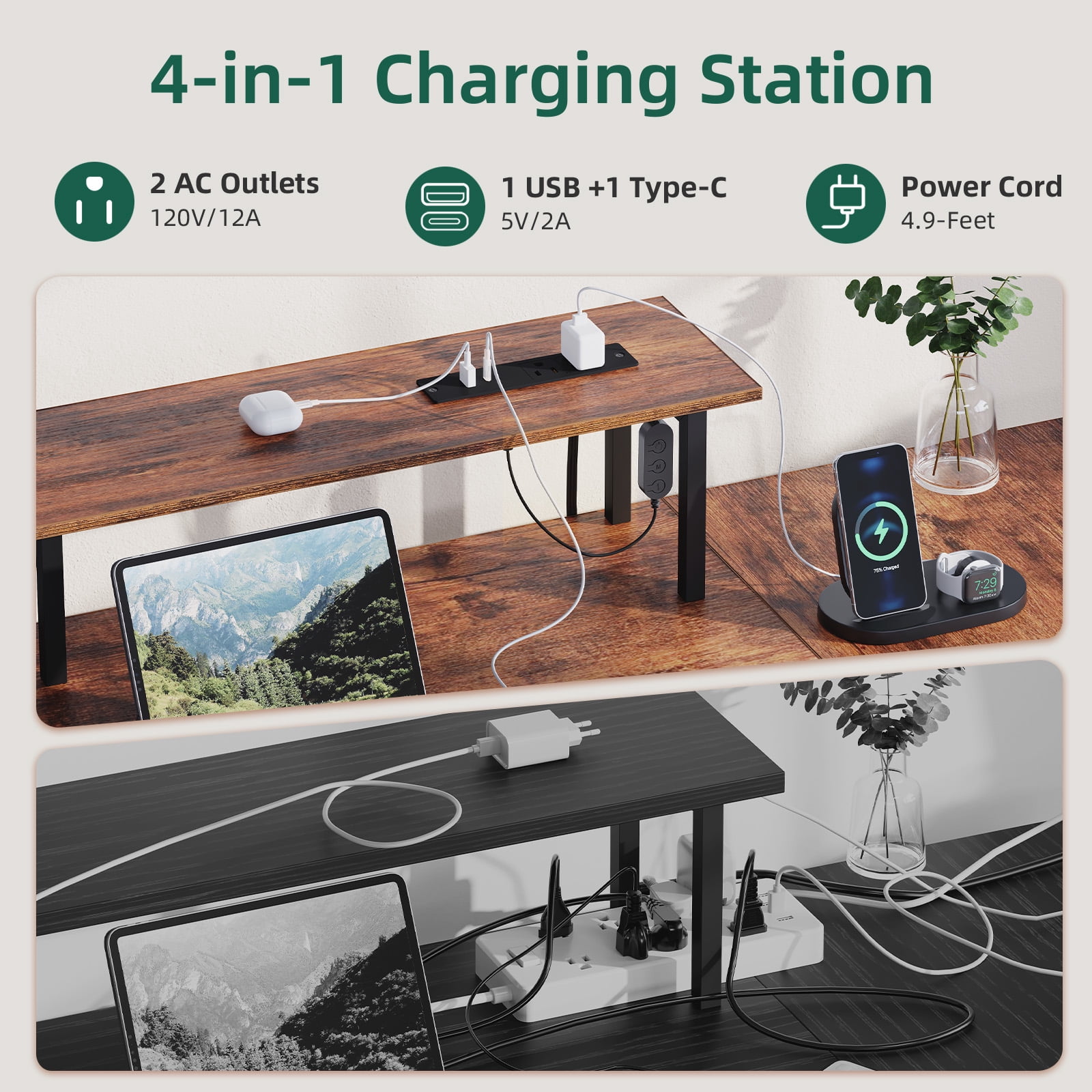 Eunos 61 inch L Shaped Gaming Desk with Power Outlets & LED Light, Computer Desk with 4 Tiers Drawers for Home Office, Wood Grain Print