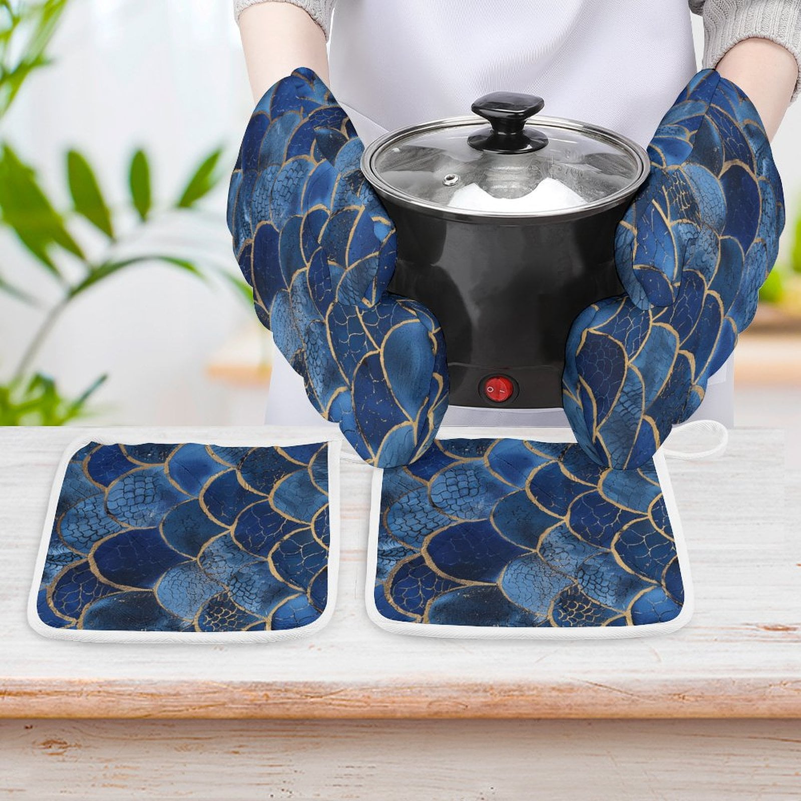 Ocean Cute Mermaid Oven Mitts And Pot Holders Sets of 4 Oven Gloves Set Potholders for Kitchen Cooking Baking Grilling Anti Scald Hot Pads And Heat Resistant