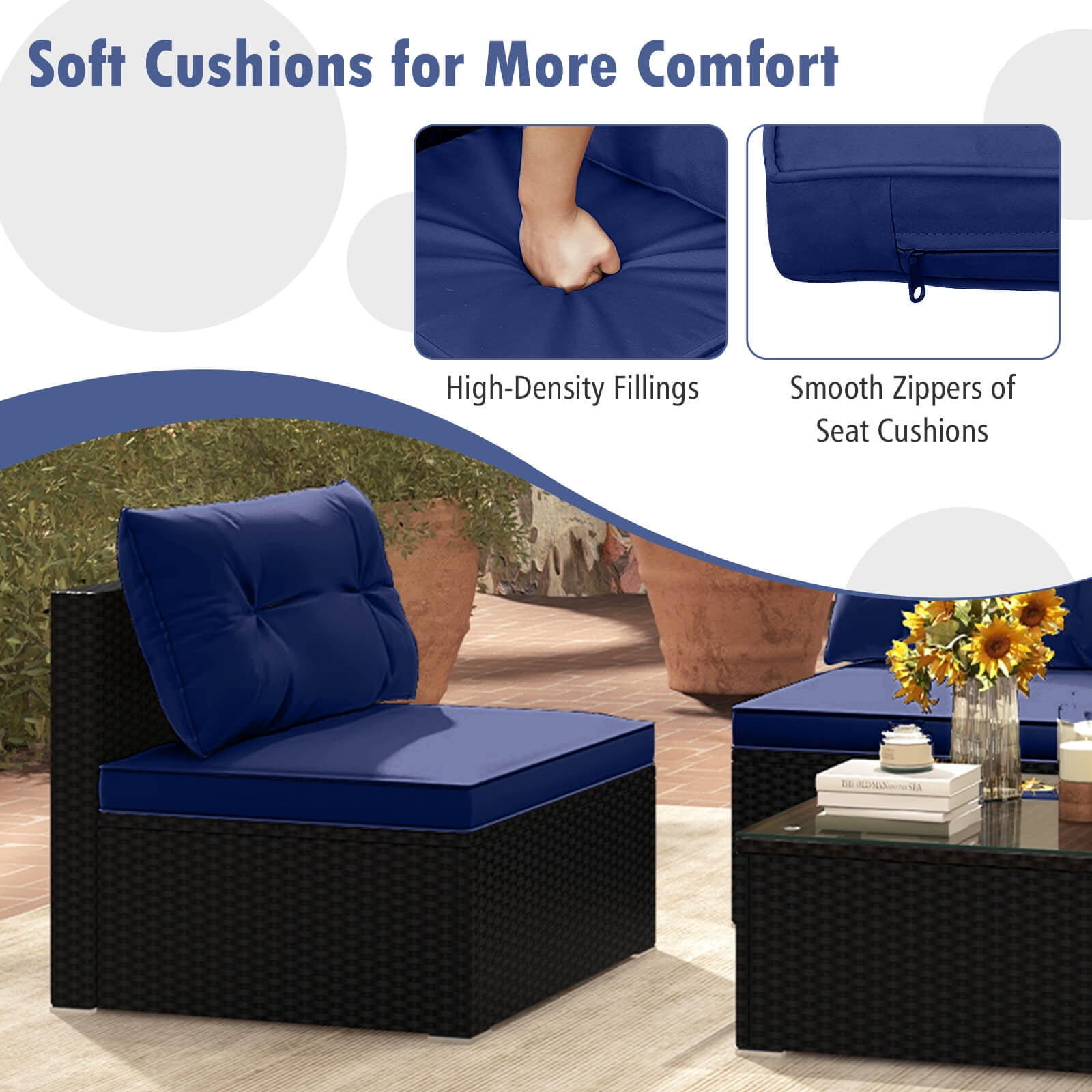 Costway 5 Piece Outdoor Furniture Set with Seat & Back Cushions Tempered Glass Tabletop Blue