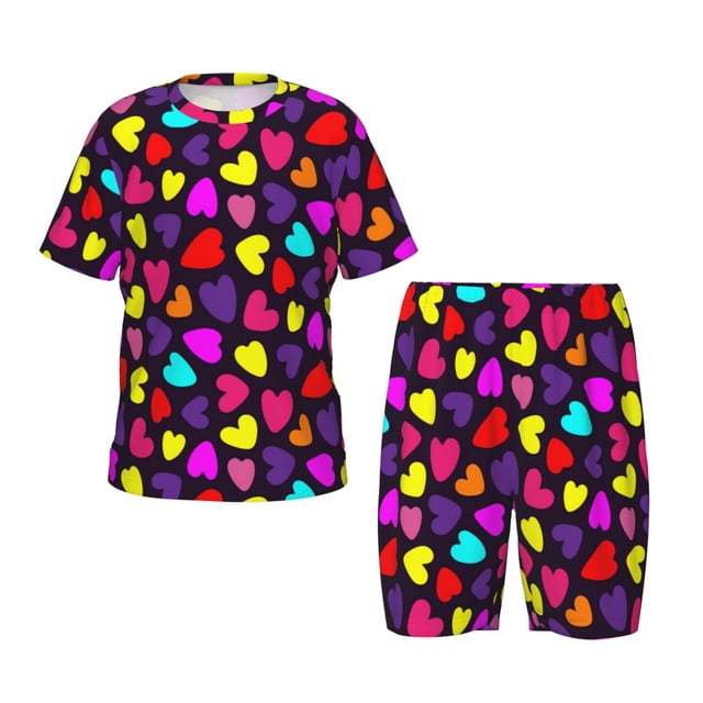 Balery Colorful Hearts Conjunto de Pijama Infantil de Manga Corta con Estampado – Ropa de Dormir de Algodón Suave-Large