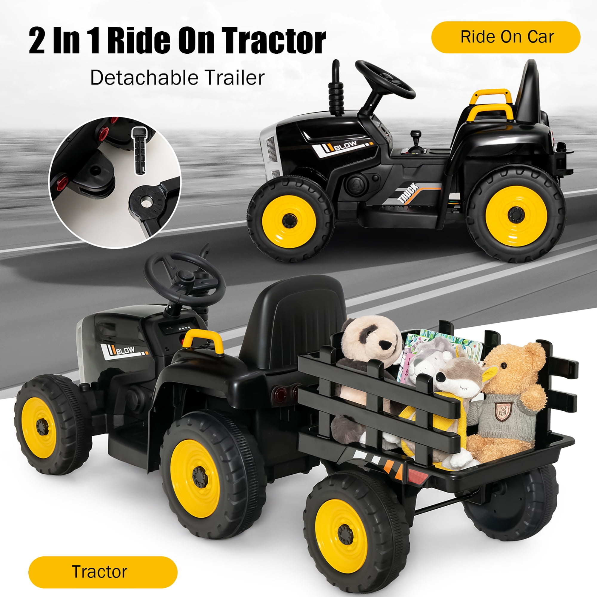 Costway 12V Kids Ride On Tractor with Trailer Ground Loader w/ RC Lights  Dark Black