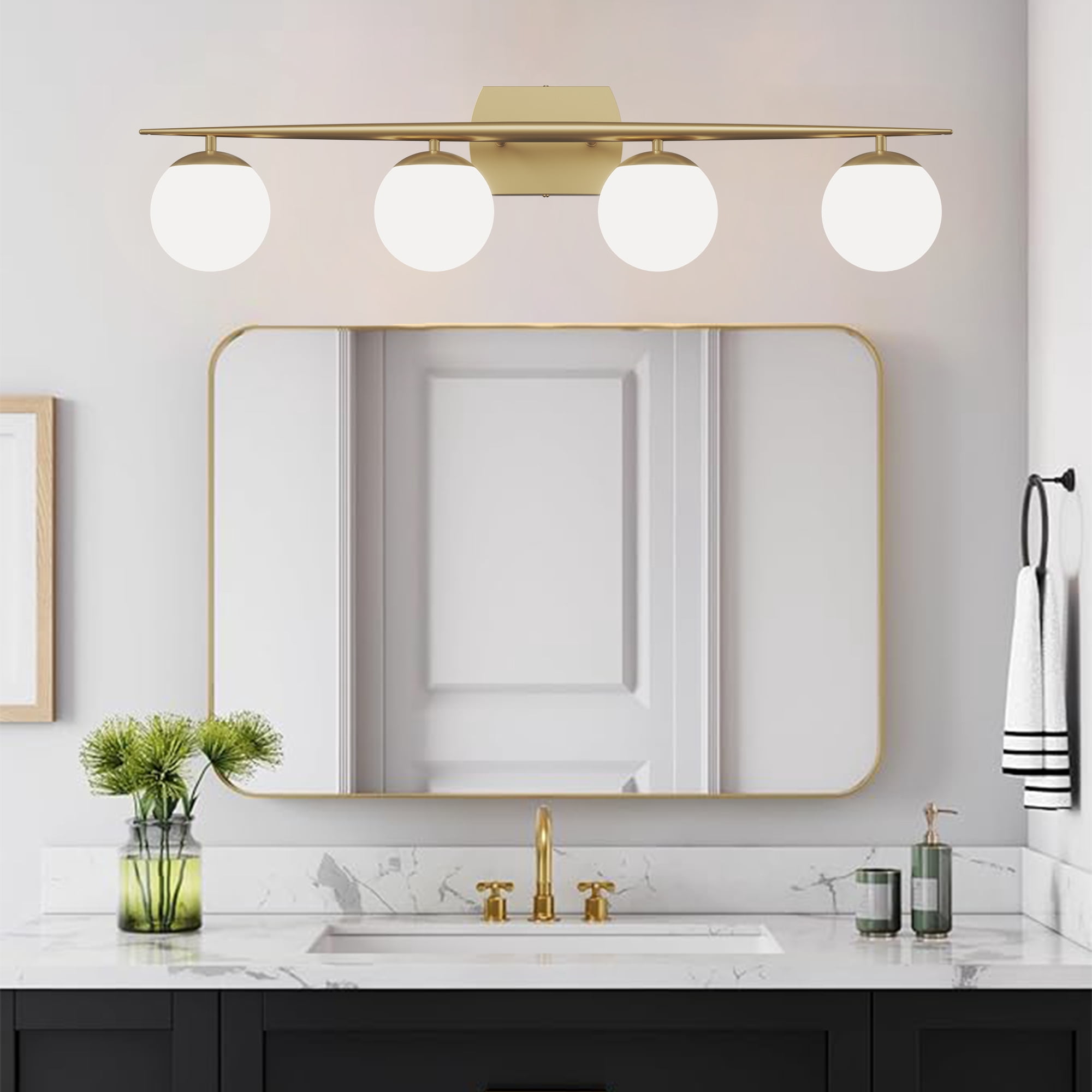 Gold Vanity Lighting Fixtures, 4-Light 34.7 Inch Modern Bathroom Light with Milky White Frosted Glass Shades, Wall Lights for Bathroom, Bedroom, Living Room（G9 Bulb not Included）