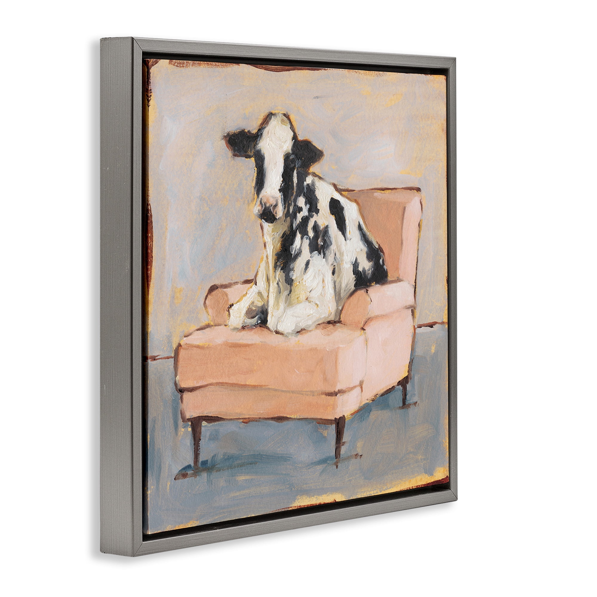 Stupell Industries Baby Cow on Pink Couch Animals & Insects Painting Gray Floater Framed Canvas Art Print Wall Art, 18 x 18