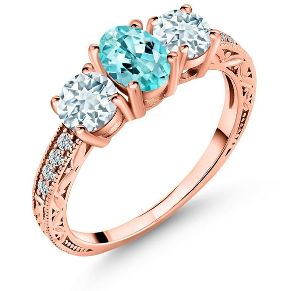 Gem Stone King 1.94 Ct Oval Blue Apatite Sky Blue Aquamarine 18K Rose Gold Plated Silver Ring (Size 8)