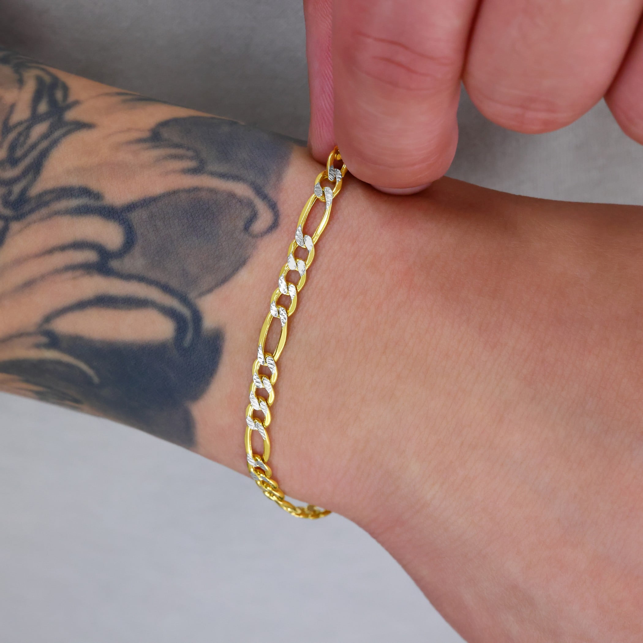 Nuragold 10k Real Yellow Gold Figaro Link 4.5mm Diamond Cut Two Tone Pave Chain Bracelet (7"-9") Italian Jewelry for Men & Women