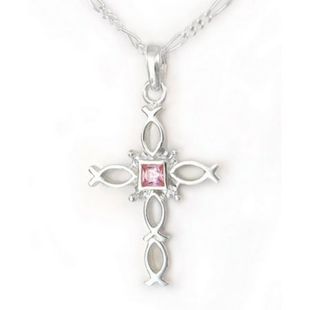 Sterling Fish - Sterling Silver Ichthus Fish Cross Birth Crystal Necklace, October Pink