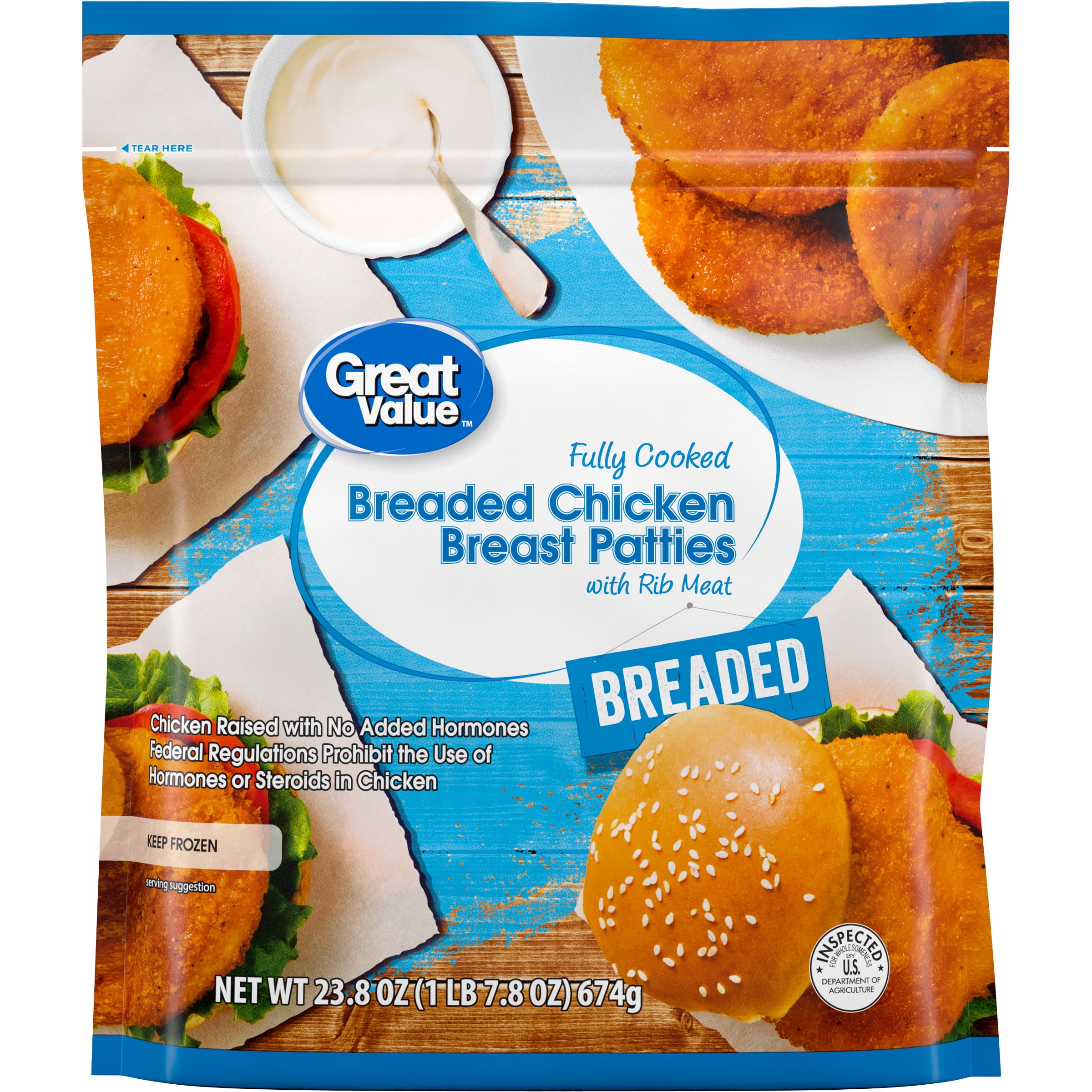 Great Value Fully Cooked Breaded Chicken Breast Patties, 23.8 oz (Frozen)