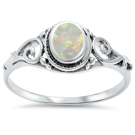White Synthetic Opal Filigree Swirl Ring Sterling Silver Size 8