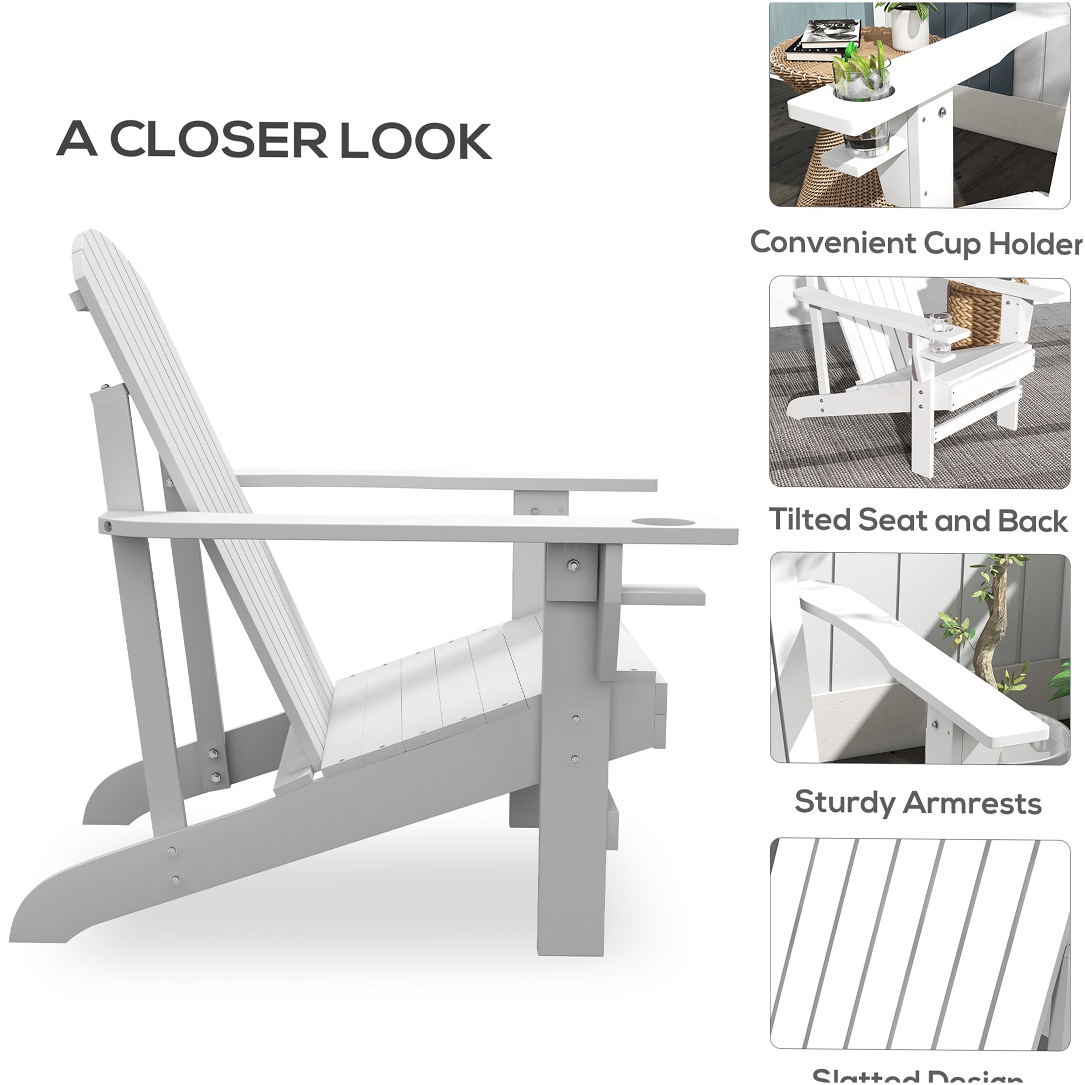 JERFIT White Wood Adirondack Chair with Cup Holder, Outdoor Patio Lounge Chair Weather-Resistant Solid Wood for Garden, Deck, Backyard, Fire Pit