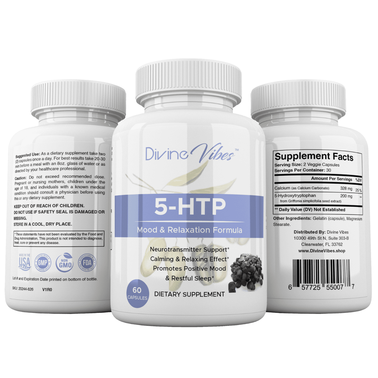 Divine Vibes 5-HTP 200mg Plus Calcium – Mood & Relaxation Formula for Positive Mood, Stress Relief & Restful Sleep – Boosts Serotonin Naturally – Non-GMO, All Natural, 30 Day Supply, Made in USA