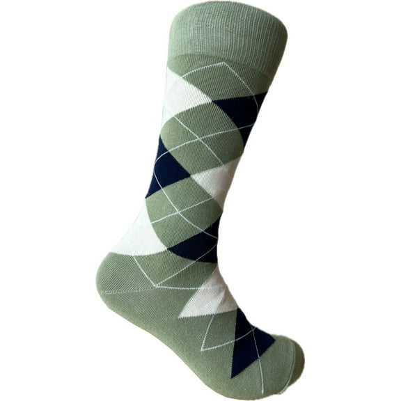 Triple M Plus Dusty Sage with Navy and White Color Argyle Mid-calf Dress Socks for Men, One Size Fit Most(Men's Size 9-13)