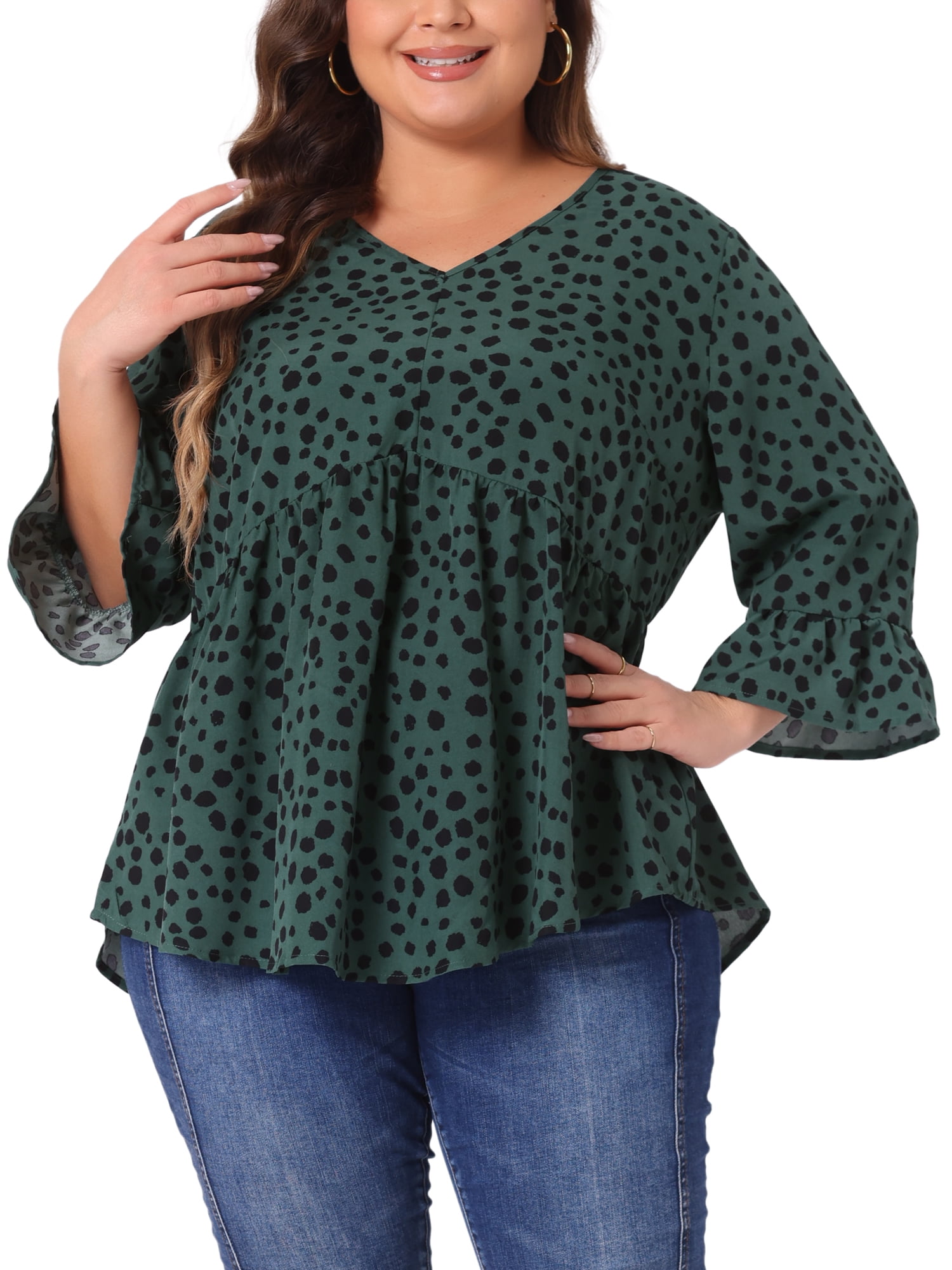 DARING DIVA Women's Plus V Neck Ruffle Sleeve Polka Dots Babydoll Top 2X Dark Green