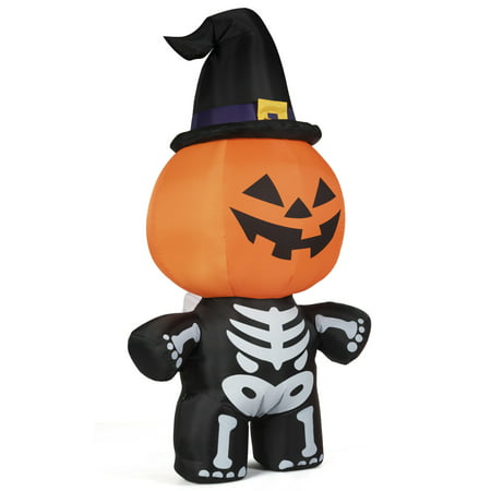 Topbuy 5' Halloween Capped Pumpkin Skeleton Lantern Inflatable Blow Up Witch Hat Decoration Outdoor w/ LED