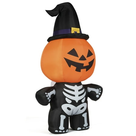 Outdoor Pumpkin Luminaries Topbuy 5' Halloween Capped Pumpkin Skeleton Lantern Inflatable Blow Up Witch Hat Decoration Outdoor w/ LED ()