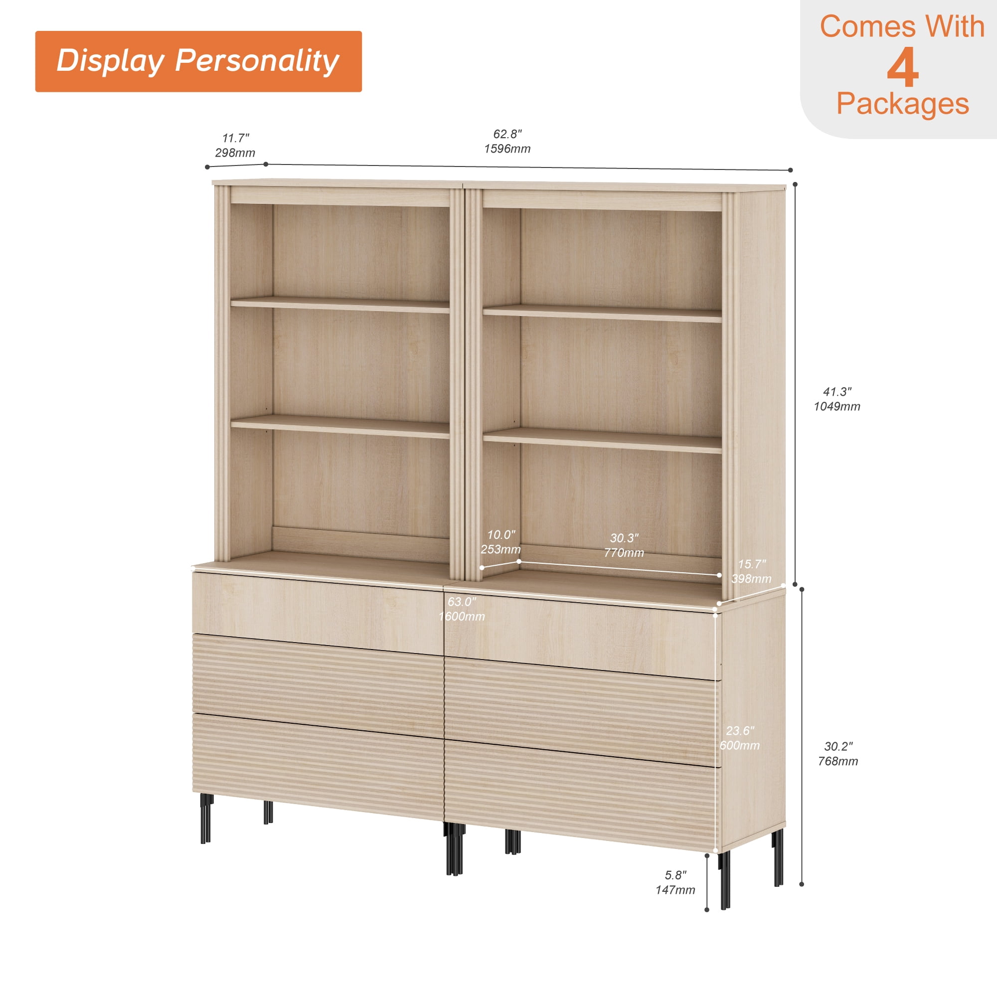 63"W Fluted Kitchen Hutch Sideboard with Adjustable Shelves, Wooden Modern Buffet Hutch Cabinet with 6 Drawers And 6 Tier Shelves