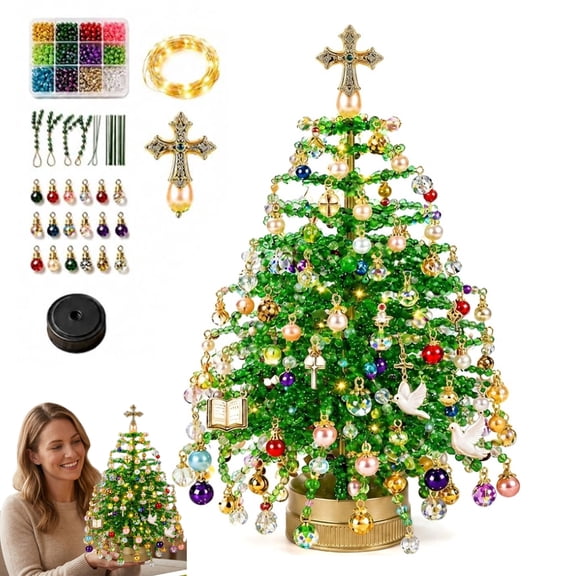 DIY Beaded Christmas Tree Kit, Complete Craft Set with Beads, Angel Topper and String Lights, Holiday Tabletop Decor for Adults