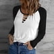 thumbnail image 3 of Camiseta Manga Larga Cuello Redondo Ahuecado Bloqueo de Color Tops Básicos Casuales para Mujer Blanco y Negro XL, 3 of 6
