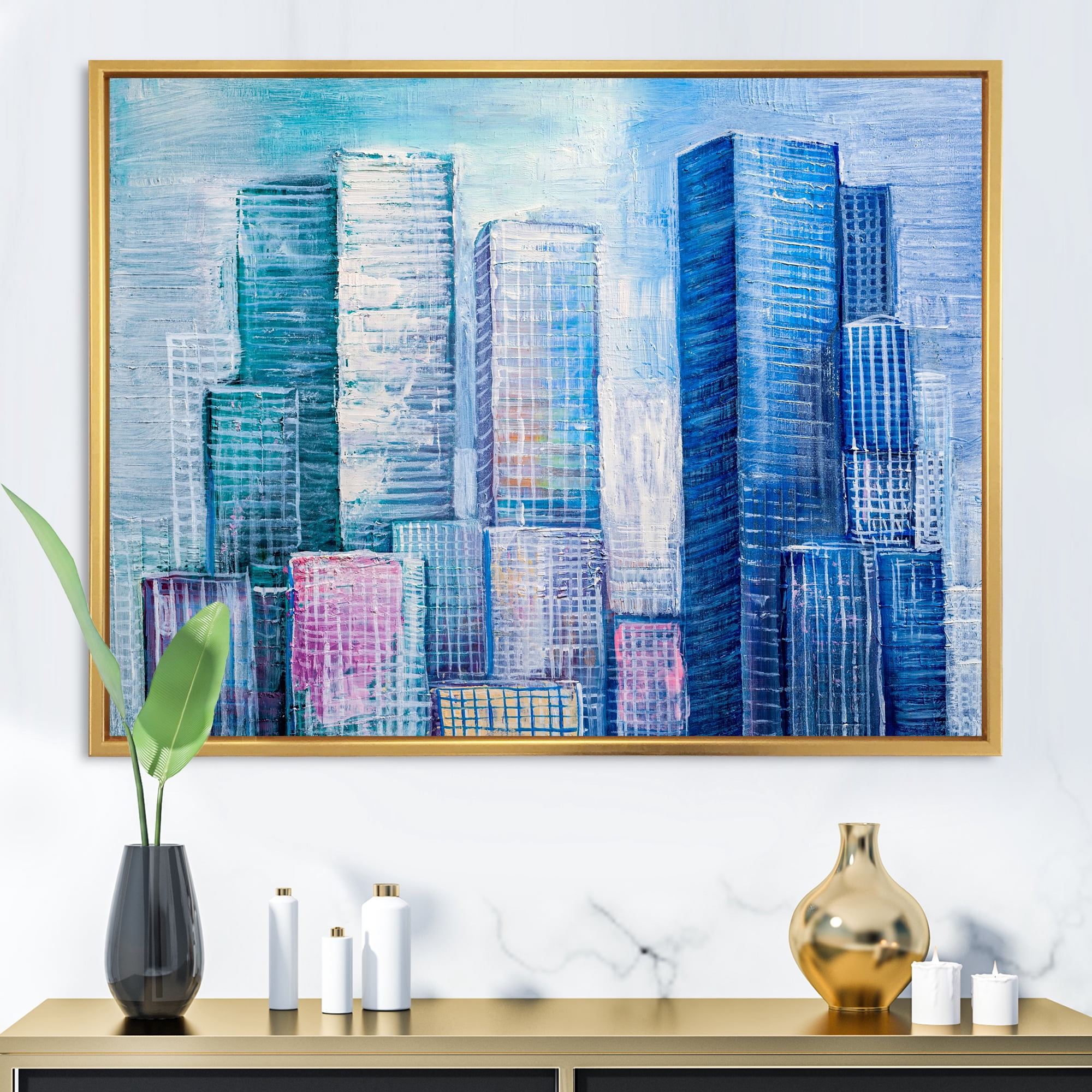 Abstract Style Cityscape Panorama Skyscrapers I 20 in x 12 in Framed Painting Canvas Art Print, by Designart