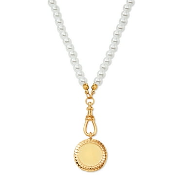 Scoop 14KT Gold Flash Plated Brass Disc Imitation Pearl Necklace, 17" 2"