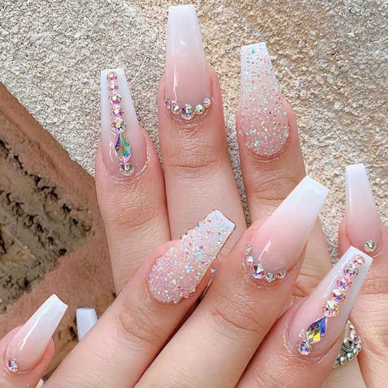  Outyua 3D Rhinstone Press on Nails with Designs Glitter Long  Fake Nails Coffin Ballerina Nude False Nails Acrylic Full Cover Designer  Nail for Women and Girls 24pcs (Shimmer) : Beauty 