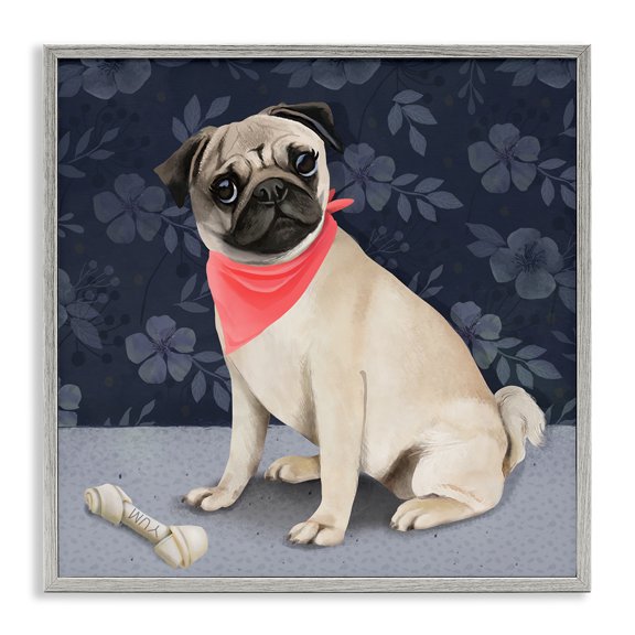 Stupell Industries Contemporary Pet Pug & Bone Gray Framed Giclee Art, 12 x 12, by Diane Neukirch