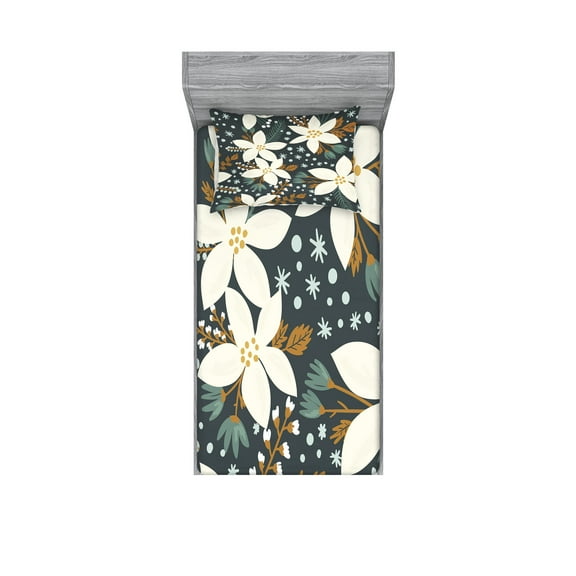 Ambesonne Floral Fitted Sheet & Pillow Sham Set, Poinsettia Blossoms Art, Twinxl, White and Caramel