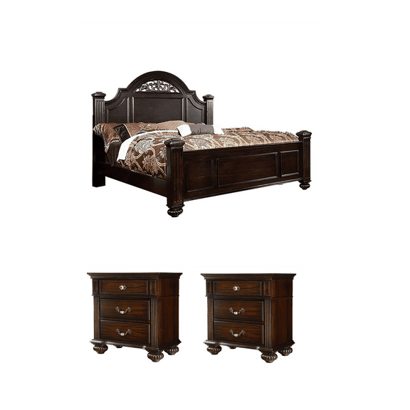Home Square Set of 3 King Panel Bed and 2 Nightstands in Dark Walnut