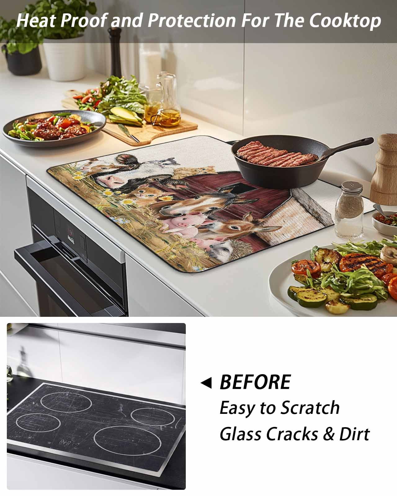 Farm Stove Top Covers for Electric Stove, 28'x20'' Barn Horse Sheep Cat Animal Country Retro Linen Background Glass Ceramic Stove Cover Foldable Rubber Mat Cooktop Protector for Kitchen