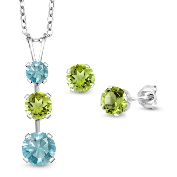 Gem Stone King 925 Sterling Silver Blue Zircon and Green Peridot Pendant and Earrings Jewelry Set for Women (3.35 Cttw, Gemstone December Birthstone, with 18 inch Chain)