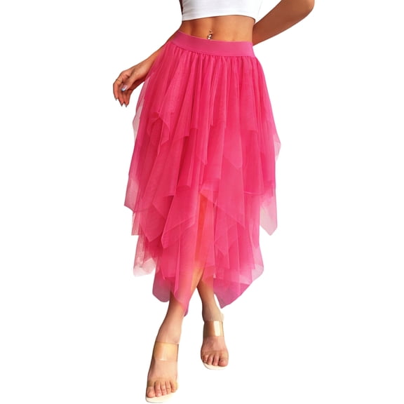 Womens Irregular Mesh Tulle Skirt High Waist Versatile Slimming Layered Tutu Skirt Rose Red M