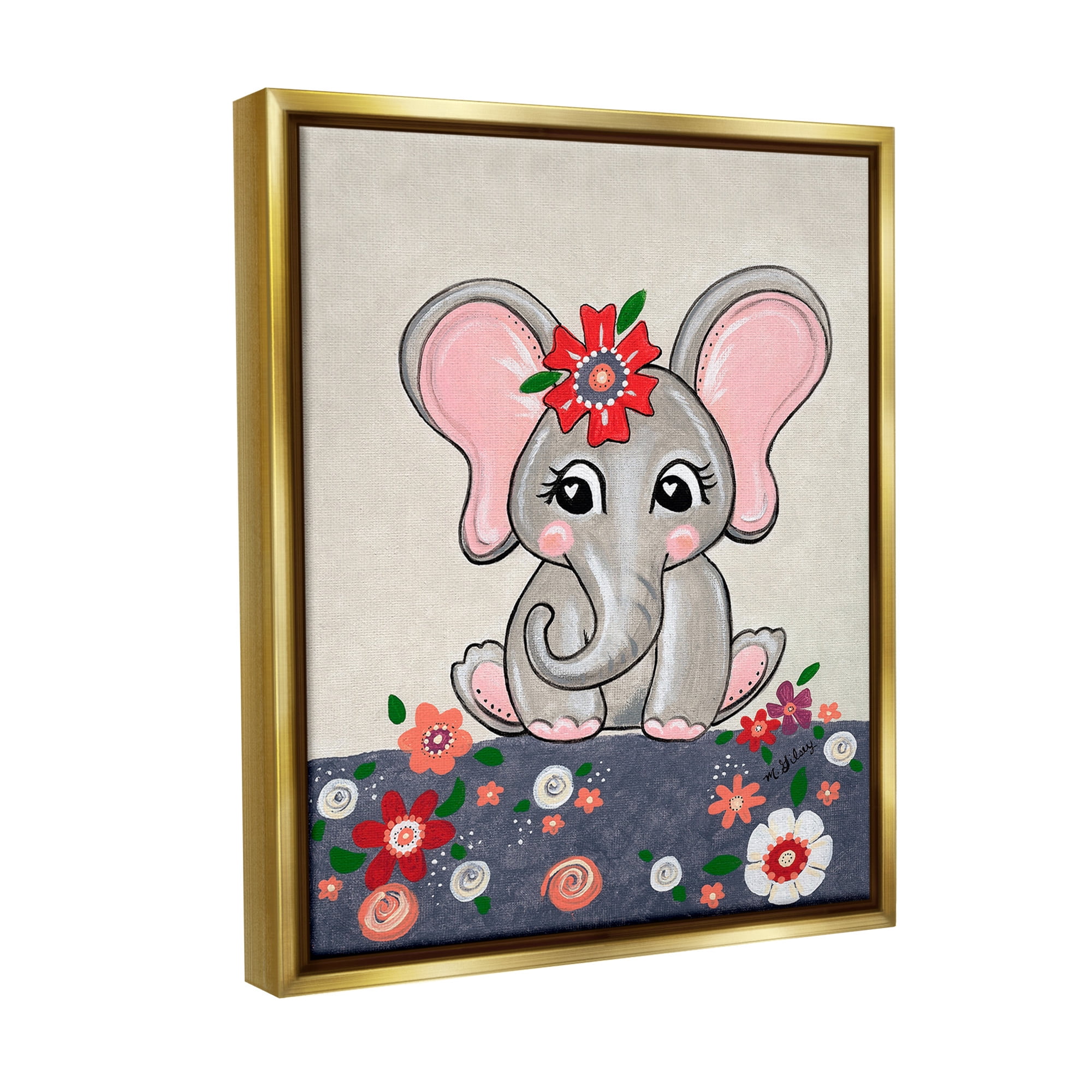 Stupell Industries Baby Elephant & Flowers Animals & Insects Painting Gold Floater Framed Canvas Art Print Wall Art, 17 x 21