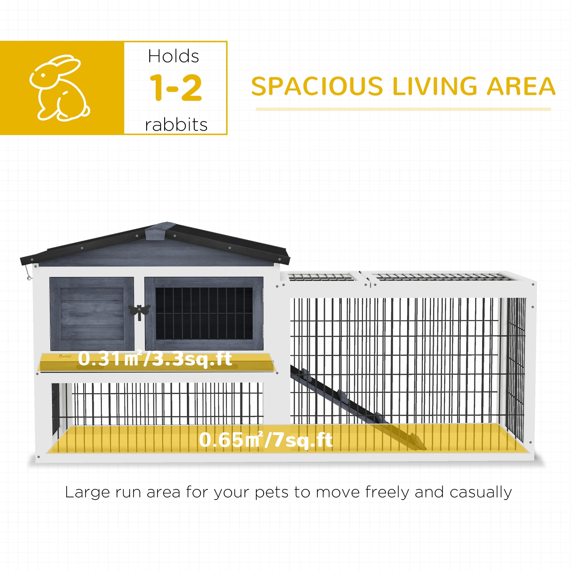 2 Levels Outdoor Rabbit Hutch with Openable Top, 59" Wooden Large Rabbit Cage with Run Weatherproof Roof, Removable Tray, Ramp, Dark Gray