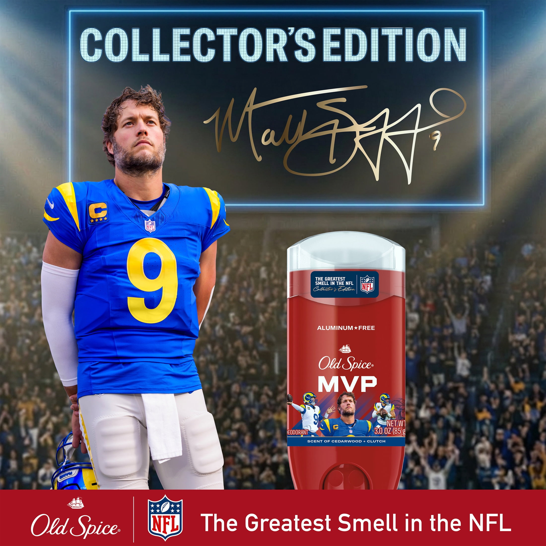 Old Spice Deodorant for Men, Aluminum Free, NFL Collection, Matthew Stafford, Scent of Cedarwood + Clutch, 3.0 oz