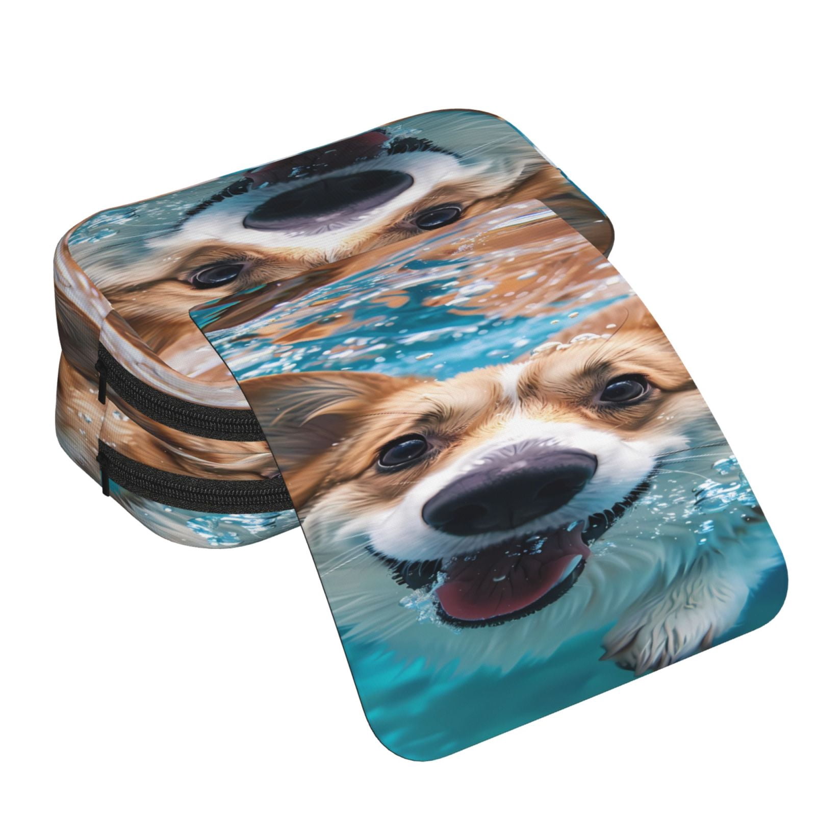Rateoe Sea Swimming Corgi Pattern Double Clamshell Pen Case, Storage Organizer with Two Zipper Compartments– Holds Up to 50 Pencils & Pens