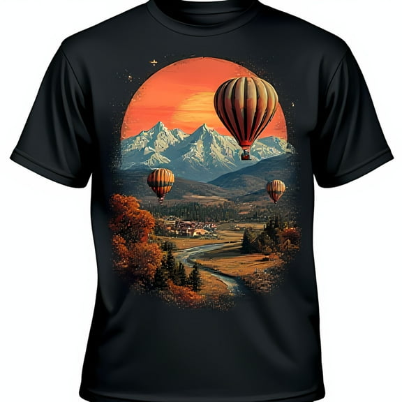Scenic Mountain Landscape Black T-Shirt with Hot Air Graphic