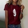 thumbnail image 2 of Baberdicy Women's T-Shirts Womens Summer Top Casual Feather Print T Shirt Fashion Loose Short Sleeve Womens Tops Wine, 2 of 5