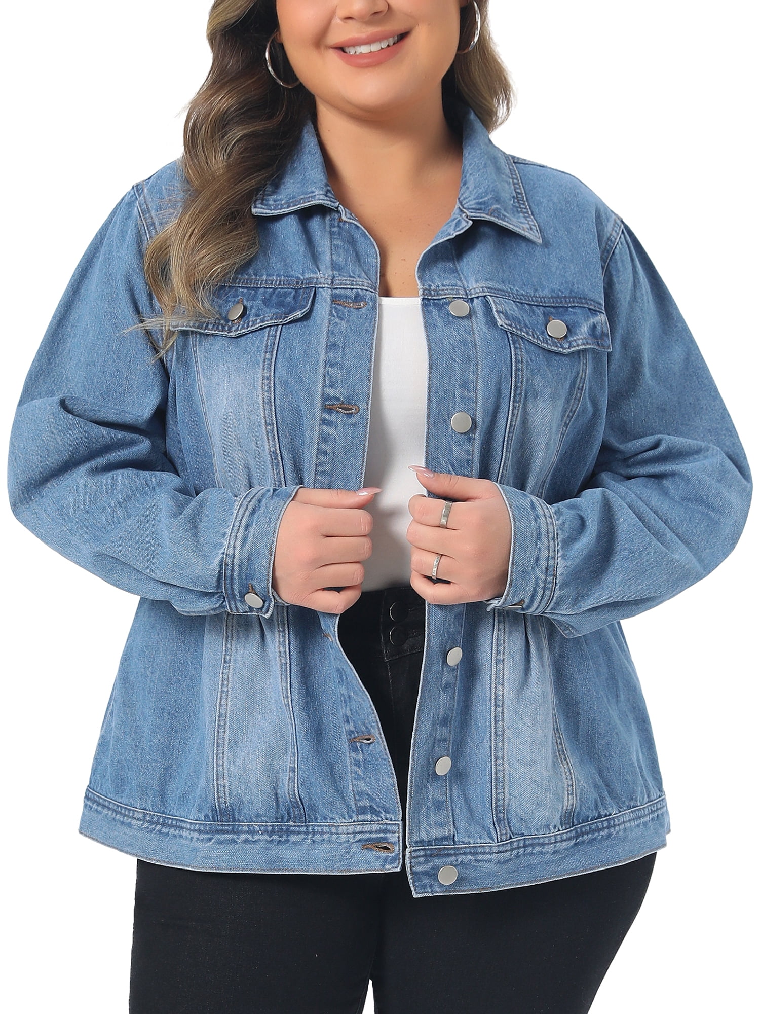 DARING DIVA Women's Plus Size Button Washed Front Loose Jean Jacket 4X Light Blue