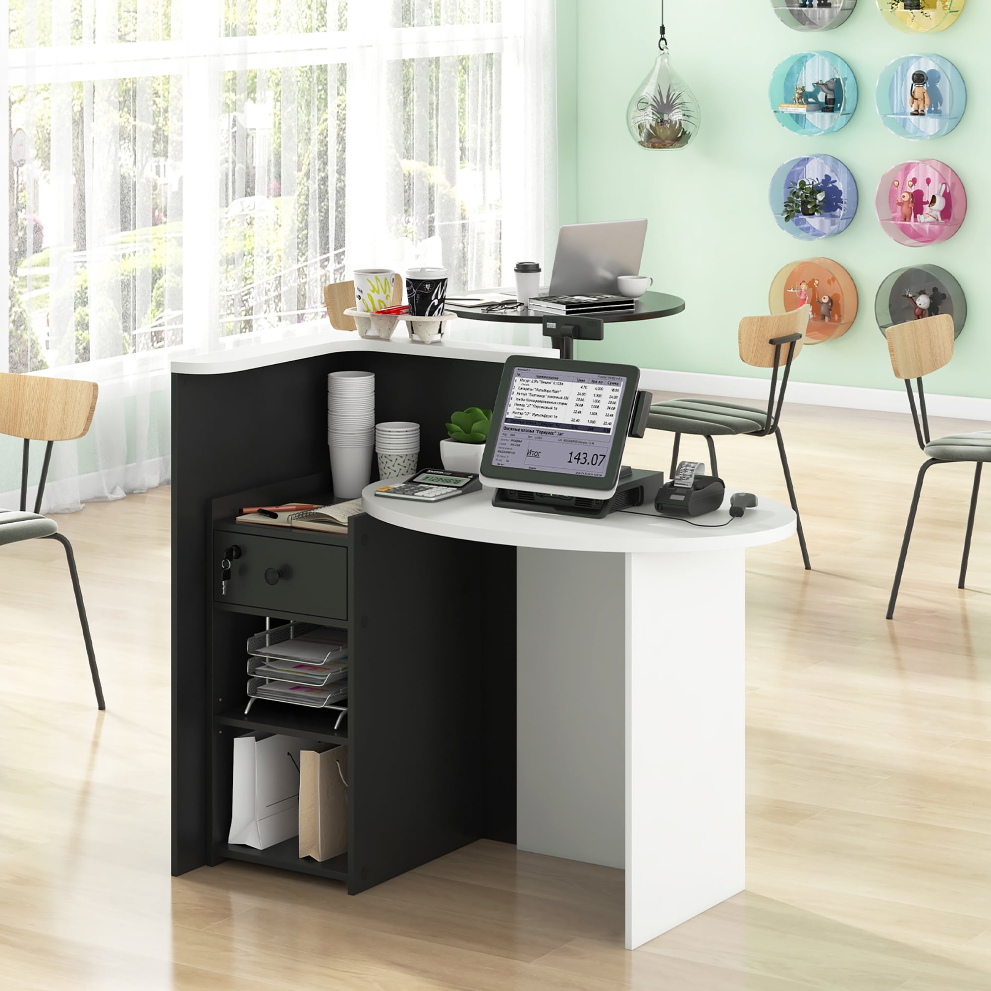 Gymax Front Reception Counter Desk Checkout Office Desk w/ Open Shelf & Lockable Drawer