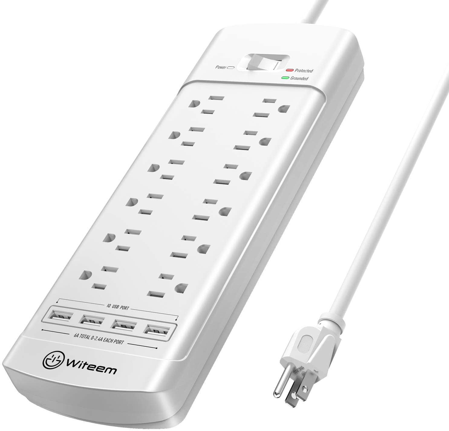 White Witeem Surge Protector Smart Power Strip with 4 USB Charging Ports 6 Power Outlets 6 Foot Power Cord 