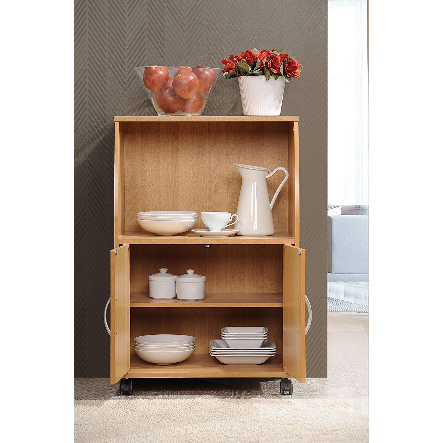 Modern Microwave Cart with Storage - Mobile Kitchen Island Cart on Wheels - Beech Wood Design