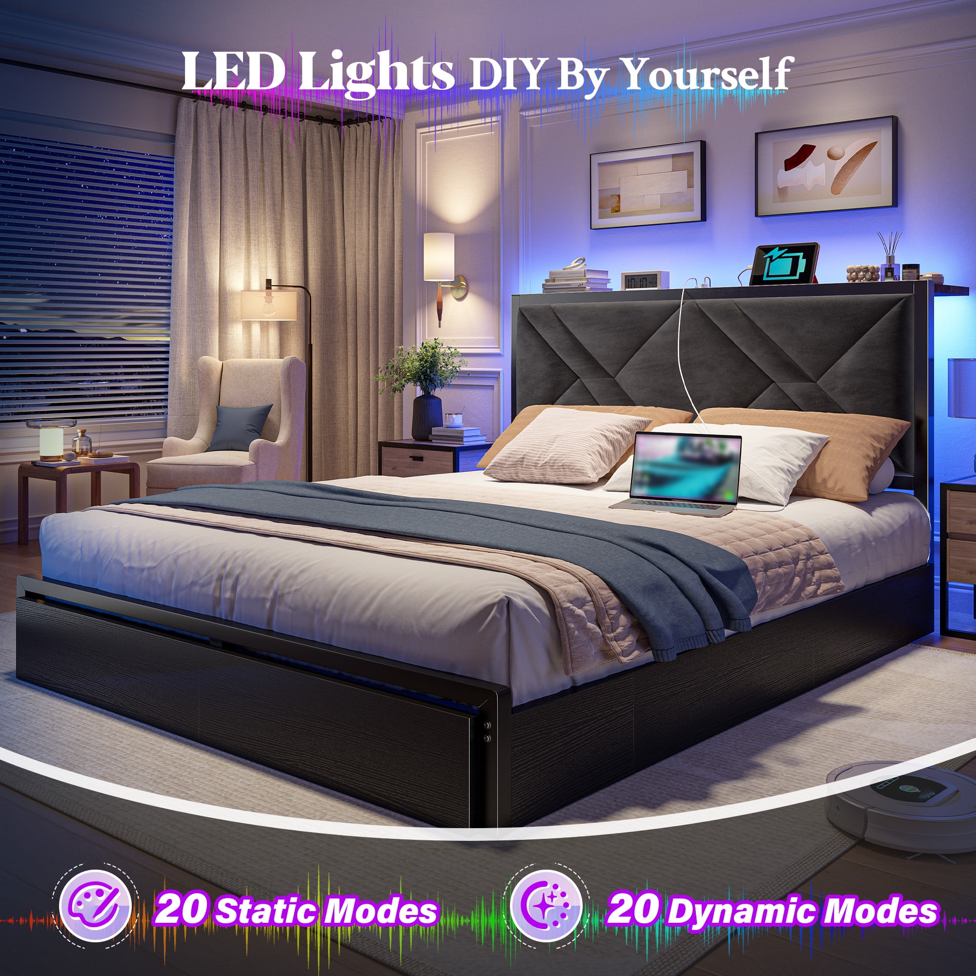 EnHomee Queen Size Bed Frame with 6 Drawers Queen Bed Frame with Storage Upholstered Platform Bed Frame with LED lights & Charging Station, No Box Spring Needed, Black