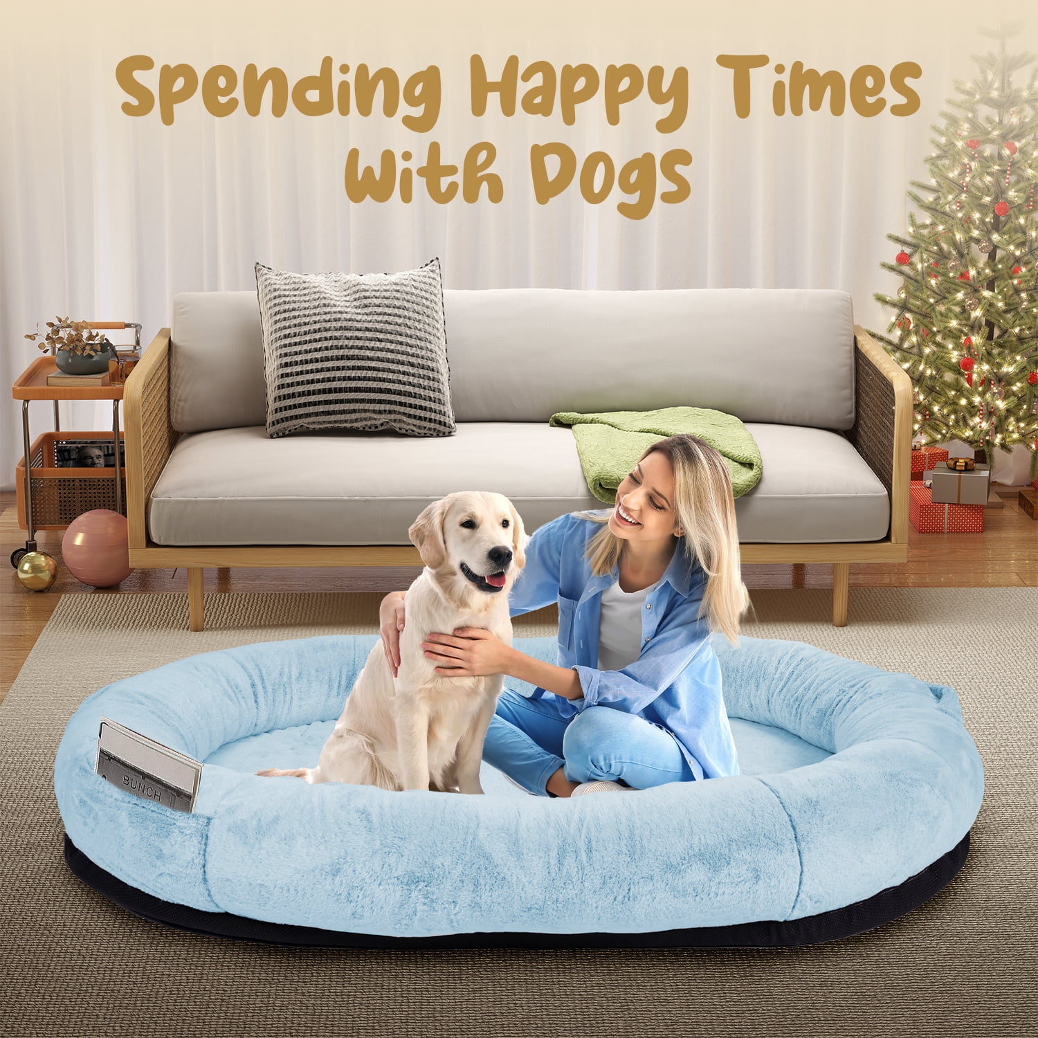 Human Dog Bed for Pets and Adults, 71"x45"x14" Human Size Giant Dog Pets Bed, Washable Faux Fur Cover for Humans with Blanket and Pillow,blue