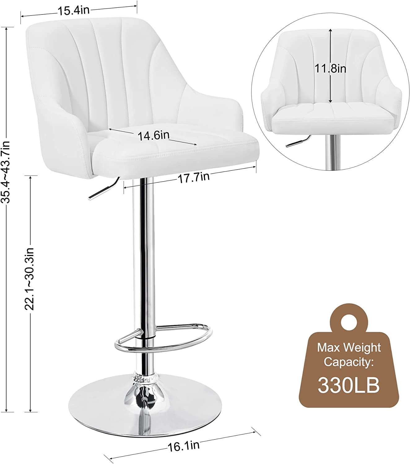 VECELO Set of 2 Swivel Bar Stools, Adjustable Counter Height Barstools Faux Leather Chair with Backrest and Armrest, White